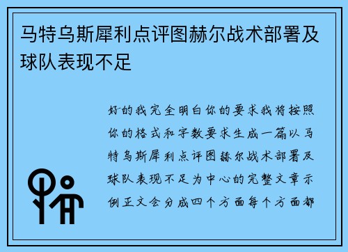 马特乌斯犀利点评图赫尔战术部署及球队表现不足