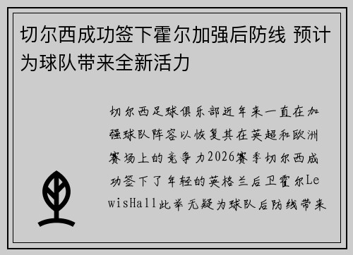 切尔西成功签下霍尔加强后防线 预计为球队带来全新活力